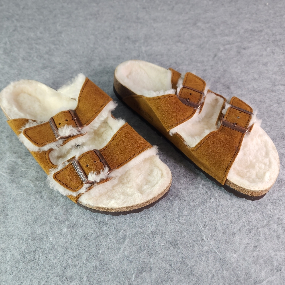 Birkenstock Arizona Shearling-Lined Sandals Mink Suede Natural Shearling 41 10 8 - Picture 6 of 8
